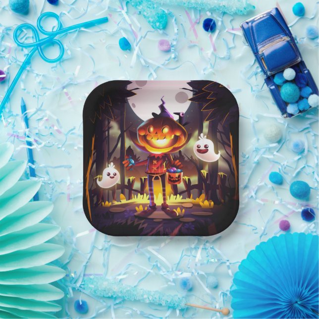 Halloween Pumpkin Cute Ghosts Moon Scary Forest Paper Plate (Party)