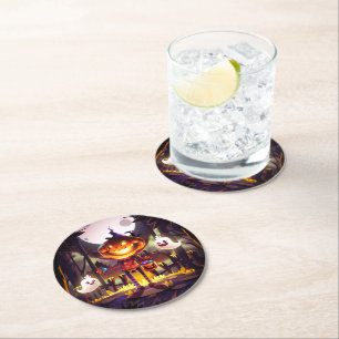 Halloween Pumpkin Cute Ghosts Moon Scary Forest Round Paper Coaster
