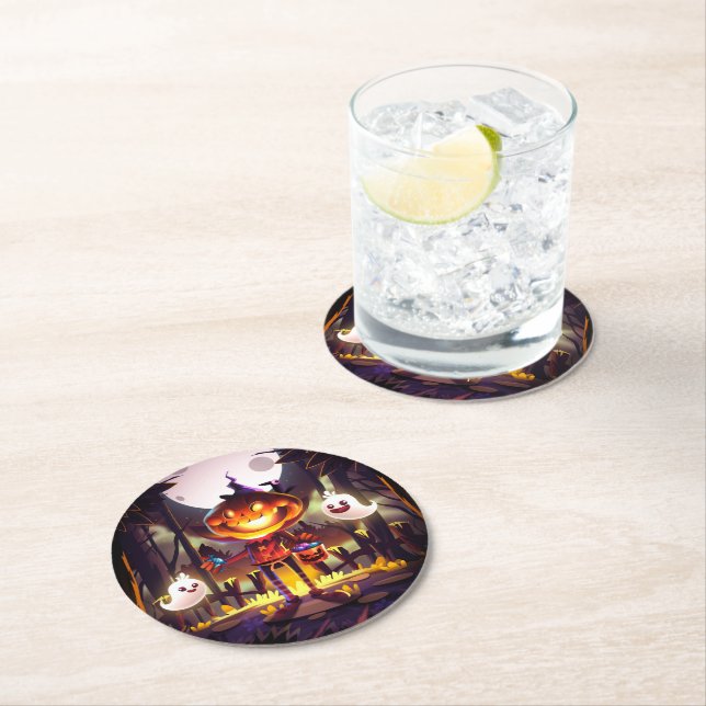 Halloween Pumpkin Cute Ghosts Moon Scary Forest Round Paper Coaster (Insitu)