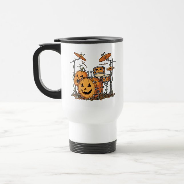 Halloween Pumpkin Drum Set Travel Mug (Left)