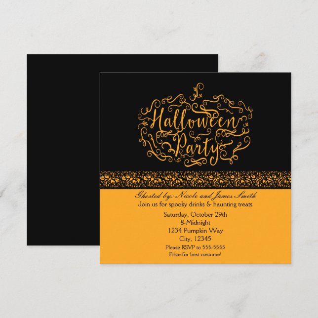 Halloween Pumpkin Elegant Black Orange Invitations (Front/Back)