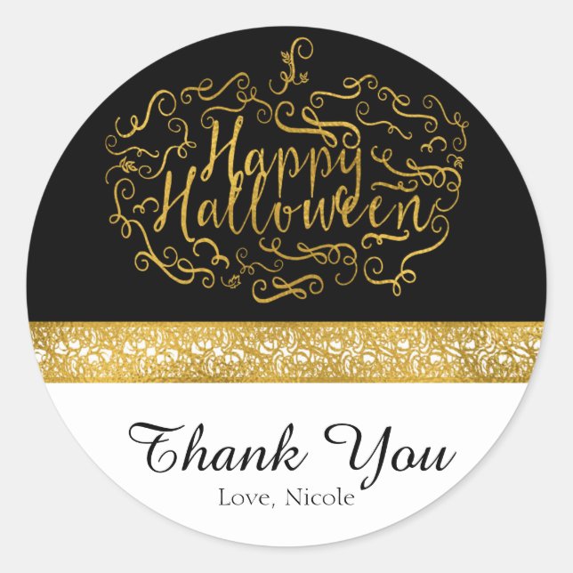 Halloween Pumpkin Elegant Black White Gold Favour Classic Round Sticker (Front)