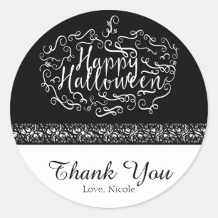 Halloween Pumpkin Elegant Black White Party Favour Classic Round Sticker