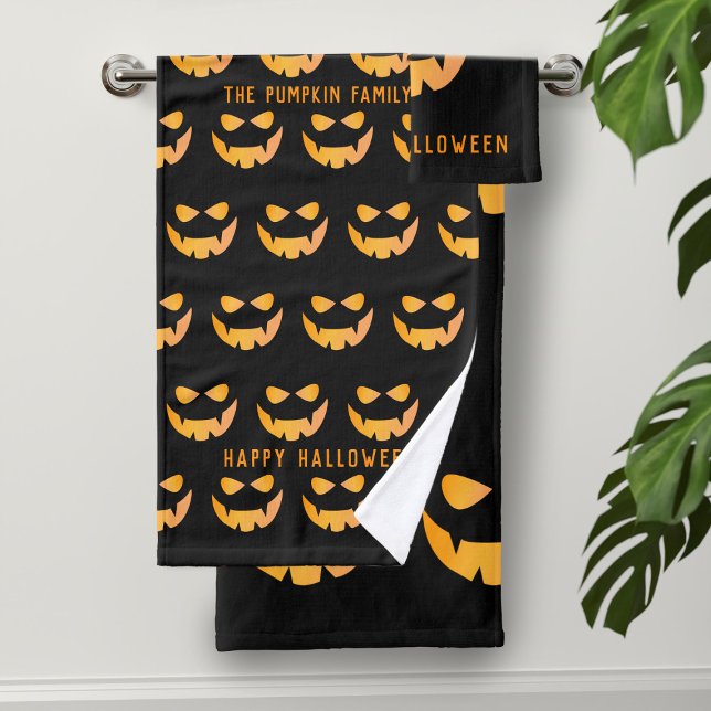 Halloween Pumpkin Face Black Bath Towel Set (Happy Halloween! Fun pumpkin face themed bath towels for your Halloween Bathroom. Just add your name)