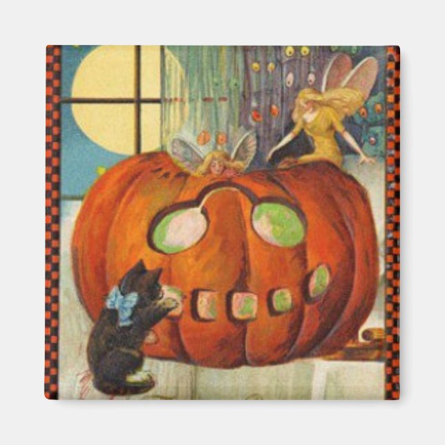 Halloween Pumpkin, Fairy and Black Cat Magnet (Front)