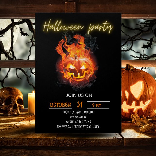 Halloween Pumpkin Flaming Editable Neon Text Invitation (Halloween Pumpkin Flaming Editable Neon Text Invitation)