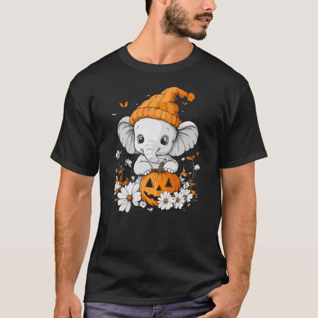 Halloween Pumpkin Flower Girls Boys Kids Elephant  T-Shirt (Front)