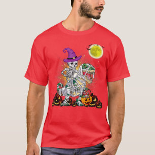 Halloween Pumpkin Fun Skeleton Riding Mummy Dinosa T-Shirt