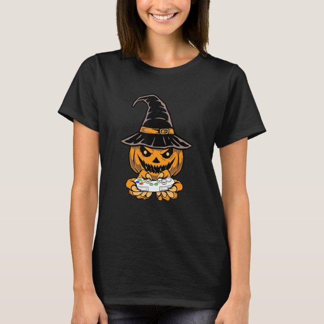 Halloween pumpkin gaming halloween fan spooky cont T-Shirt (Front)