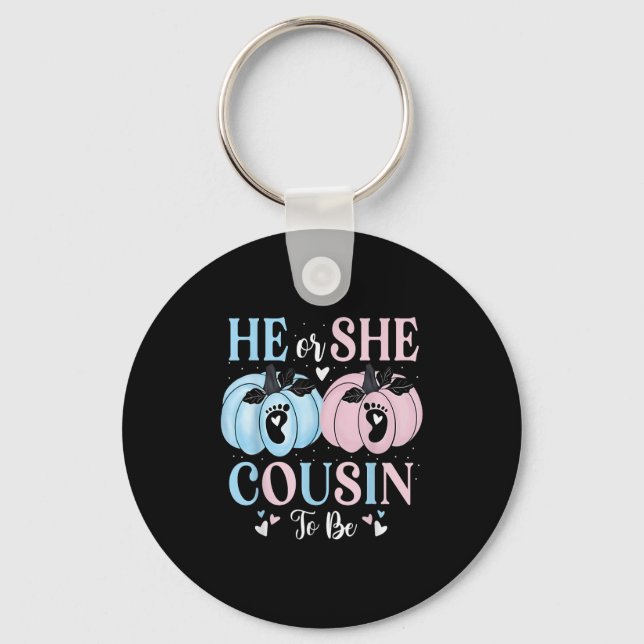 Halloween Pumpkin Gender Reveal He Or She Cousin T Key Ring (Front)