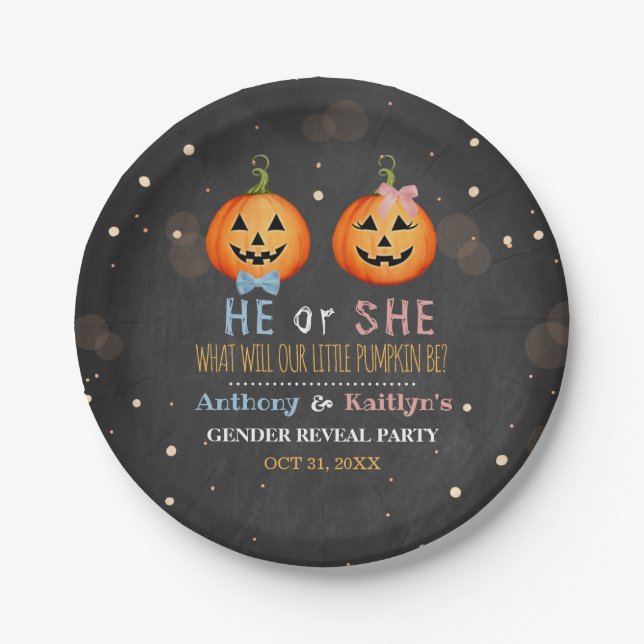 Halloween Pumpkin Gender Reveal Party Paper Plate (Front)