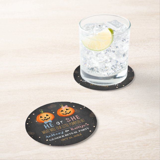 Halloween Pumpkin Gender Reveal Party Round Paper Coaster (Insitu)