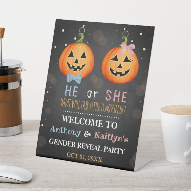 Halloween Pumpkin Gender Reveal Party Welcome Pedestal Sign (In SItu)