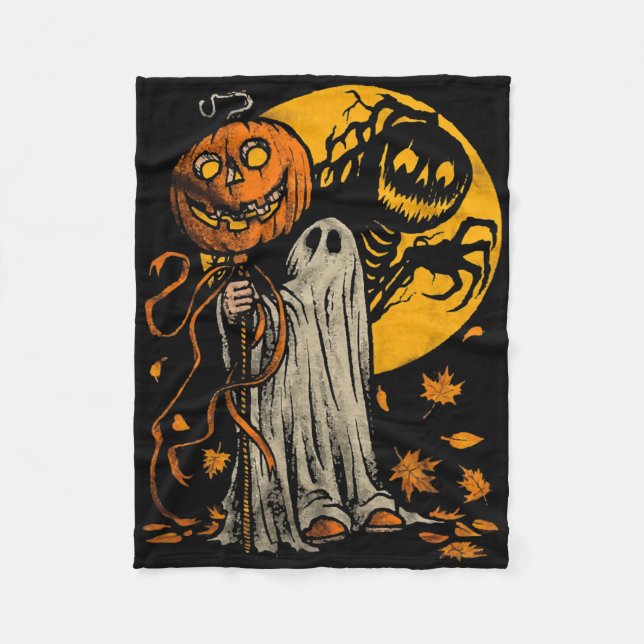 Halloween Pumpkin Ghost Autumn Leaves Graphic Art  Fleece Blanket (Front)