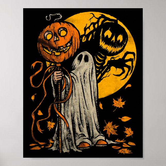 Halloween Pumpkin Ghost Autumn Leaves Graphic Art  Poster (Front)