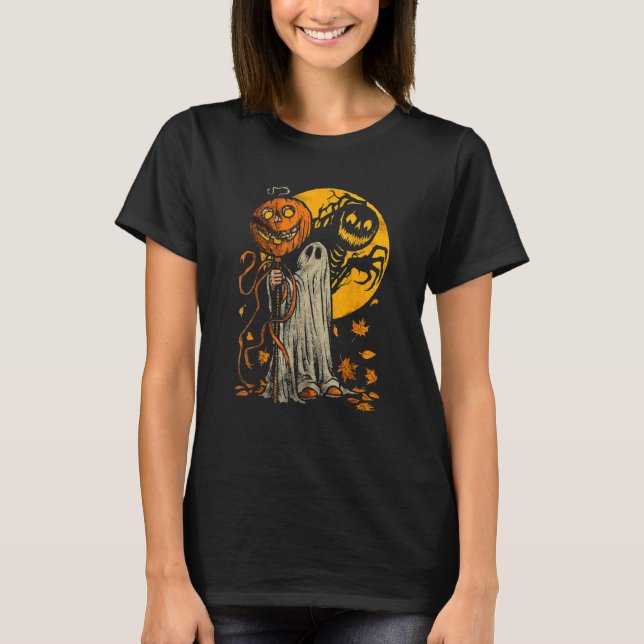 Halloween Pumpkin Ghost Autumn Leaves Graphic Art T-Shirt (Front)