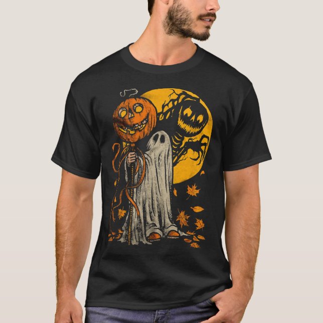 Halloween Pumpkin Ghost Autumn Leaves Graphic Art  T-Shirt (Front)