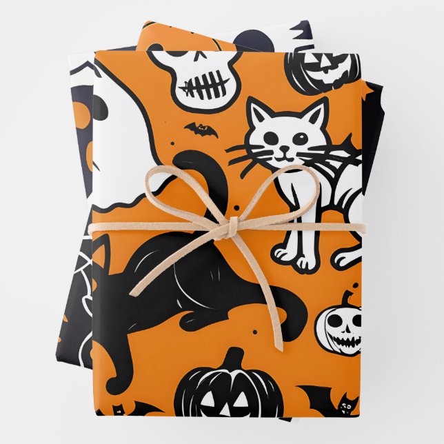 Halloween Pumpkin Ghost Black Cat Skull Wrapping Paper Sheet (In situ)