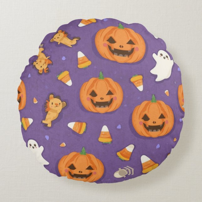 Halloween Pumpkin & Ghost Round Pillow (Front)