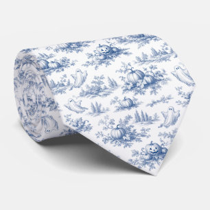 Halloween Pumpkin Ghost Toile de Jouy Pattern Blue Tie