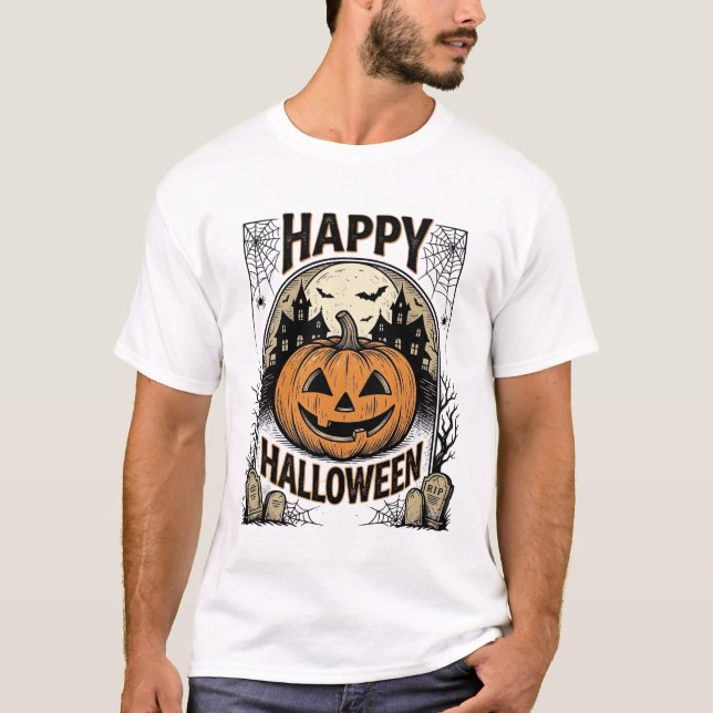 Halloween Pumpkin Graveyard Vintage Spooky Tee Art (Front)