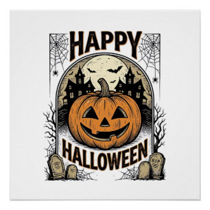 Halloween Pumpkin Graveyard Vintage Spooky Tee Art Poster