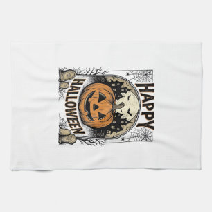 Halloween Pumpkin Graveyard Vintage Spooky Tee Art Tea Towel