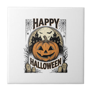 Halloween Pumpkin Graveyard Vintage Spooky Tee Art Tile