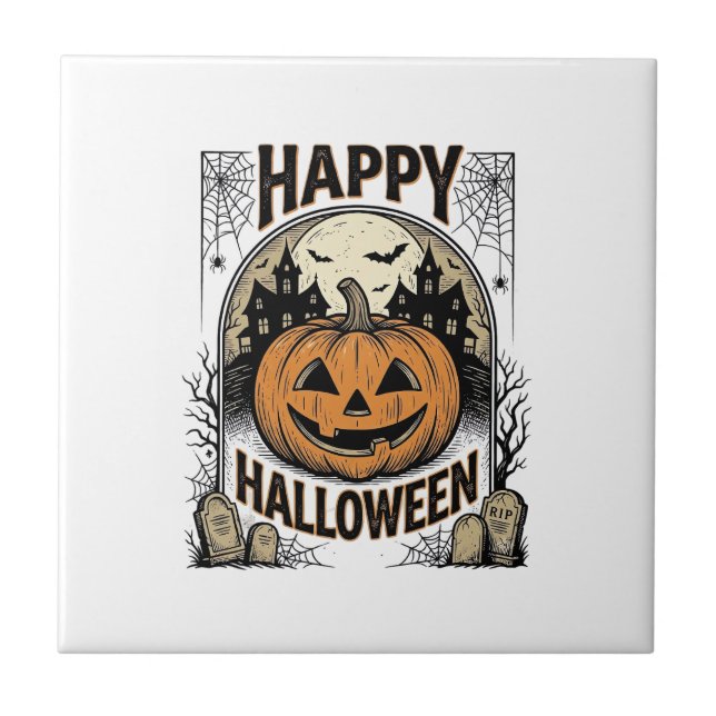 Halloween Pumpkin Graveyard Vintage Spooky Tee Art Tile (Front)
