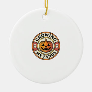 Halloween Pumpkin Growing My Fangs Vintage Badge_1 Ceramic Tree Decoration