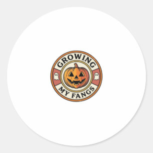 Halloween Pumpkin Growing My Fangs Vintage Badge_1 Classic Round Sticker