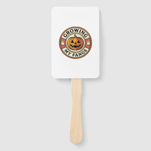 Halloween Pumpkin Growing My Fangs Vintage Badge_1 Hand Fan