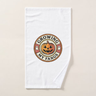 Halloween Pumpkin Growing My Fangs Vintage Badge_1 Hand Towel