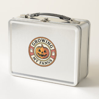 Halloween Pumpkin Growing My Fangs Vintage Badge_1 Metal Lunch Box