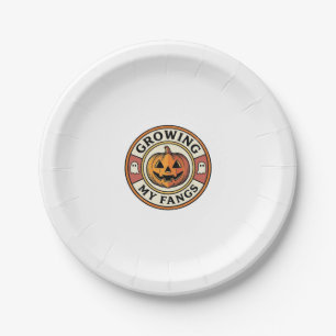 Halloween Pumpkin Growing My Fangs Vintage Badge_1 Paper Plate
