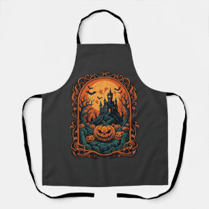 Halloween Pumpkin Haunted House Full Moon Bats Apron