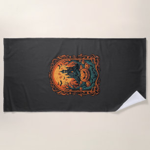 Halloween Pumpkin Haunted House Full Moon Bats Beach Towel