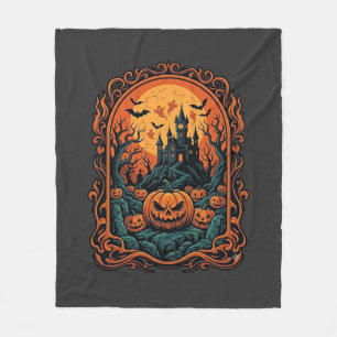 Halloween Pumpkin Haunted House Full Moon Bats Fleece Blanket