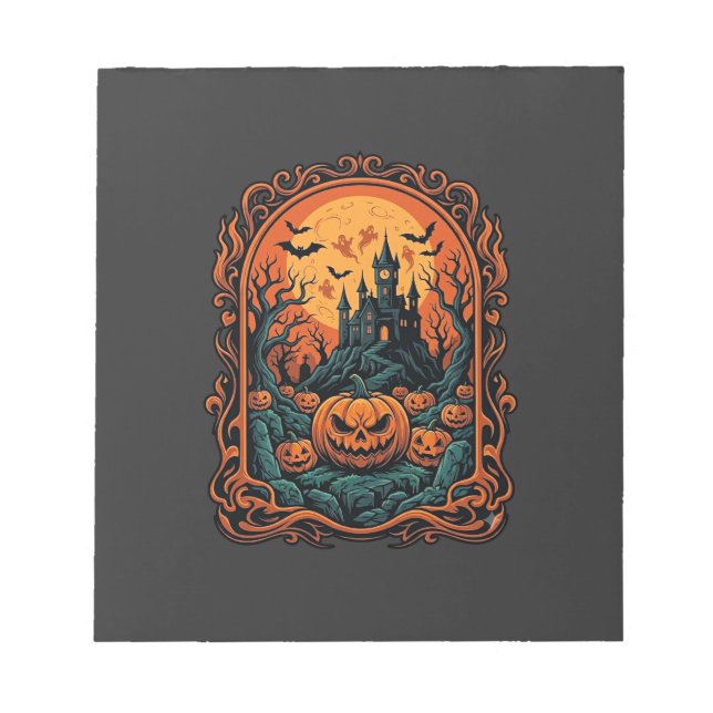 Halloween Pumpkin Haunted House Full Moon Bats Notepad (Front)