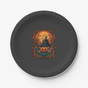 Halloween Pumpkin Haunted House Full Moon Bats Paper Plate