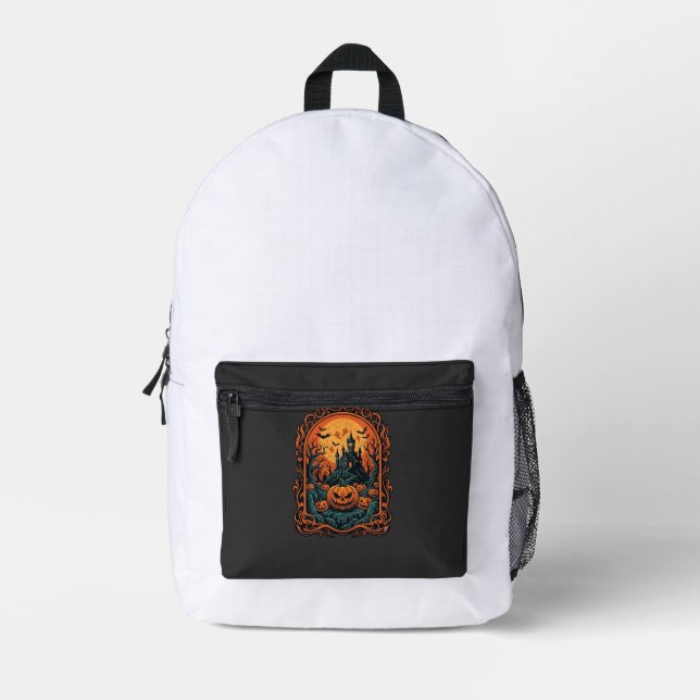 Halloween Pumpkin Haunted House Full Moon Bats Printed Backpack (Front)