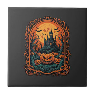 Halloween Pumpkin Haunted House Full Moon Bats Tile