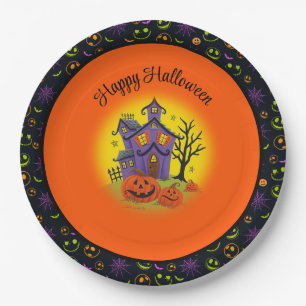 Halloween Pumpkin Haunted House Fun Custom Text Paper Plate