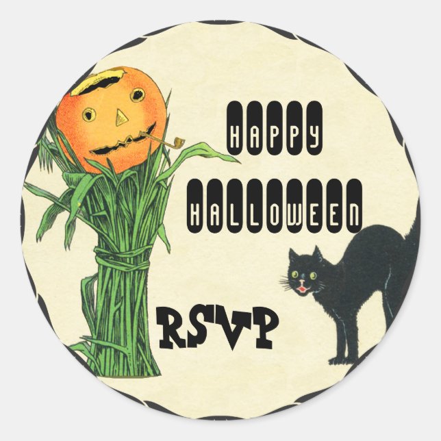 HALLOWEEN PUMPKIN HEAD Cornstalk and Black Cat Classic Round Sticker (Front)
