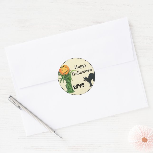 HALLOWEEN PUMPKIN HEAD Cornstalk and Black Cat Classic Round Sticker (Envelope)