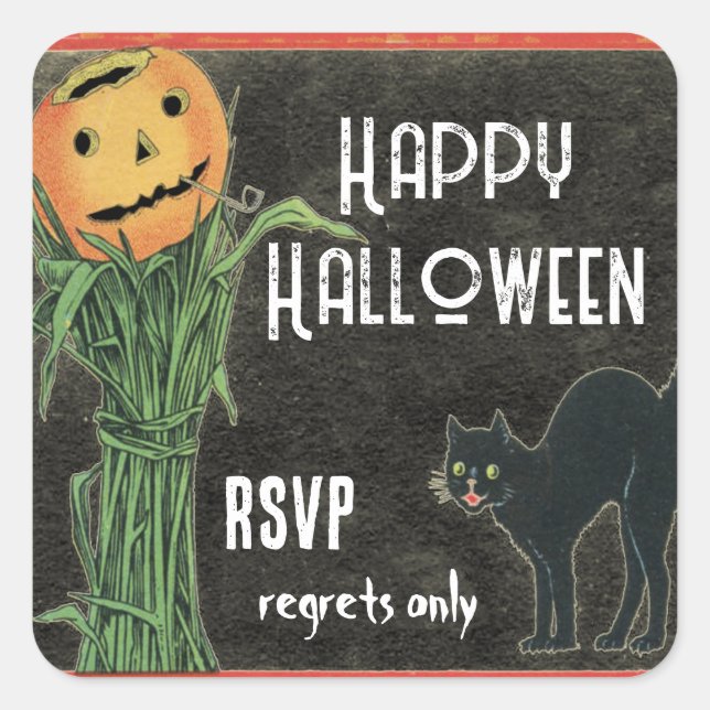 HALLOWEEN PUMPKIN HEAD Cornstalk and Black Cat Square Sticker (Front)