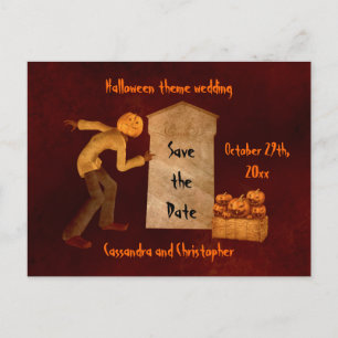 Halloween pumpkin head scarecrow announcement postcard