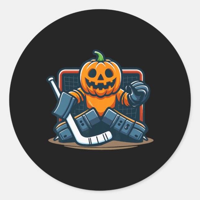Halloween Pumpkin Ice Hockey Goalie  Classic Round Sticker (Front)