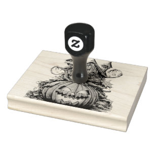 Halloween pumpkin in front of a decorated house rubber stamp