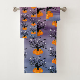 Halloween Pumpkin Jack o’ Lantern Dead Tree Bath Towel Set
